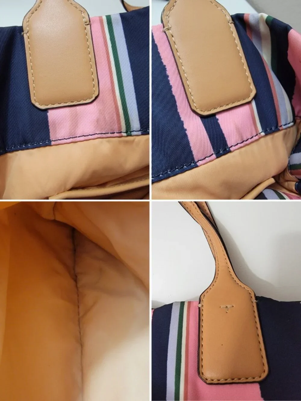 Tory Burch Ella Tote Navy Pink Stripe Nylon Large Shoulder Bag Leather Trim